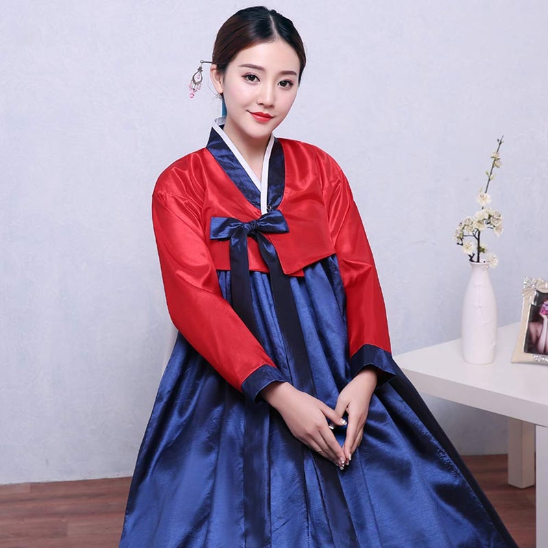 XINFU Women's Korean Traditional Hanbok Sets Long Sleeve Colorful Cosplay Costume Dress, Redcyan, X-Large - Image 3